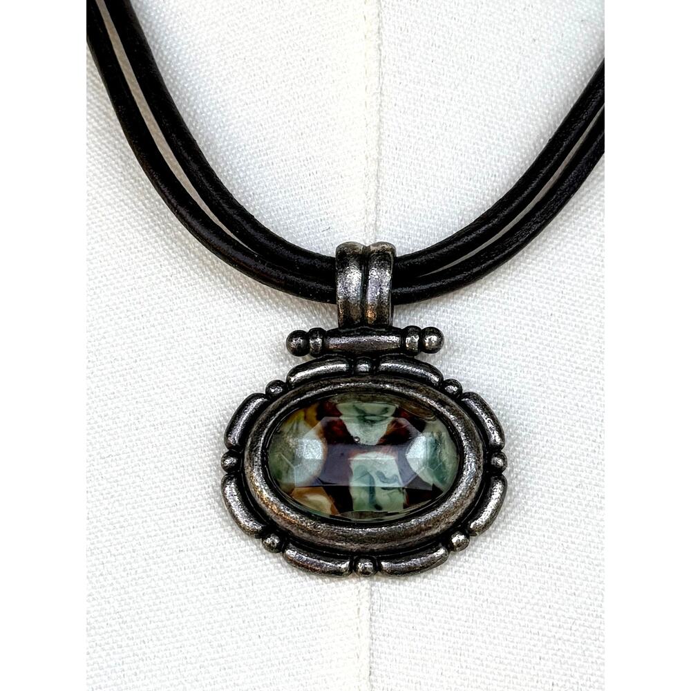 Chico’s Silver Tone Mosaic Glass Pendant Necklace Dark Cord Artisan Boho